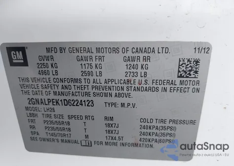 2013 Chevrolet Equinox 2Lt z USA, uszkodzony, nr VIN 2GNALPEK1D6224123